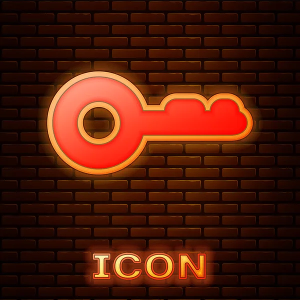 Gloeiende neon Key icoon geïsoleerd op bakstenen muur achtergrond. Vector Illustratie — Stockvector