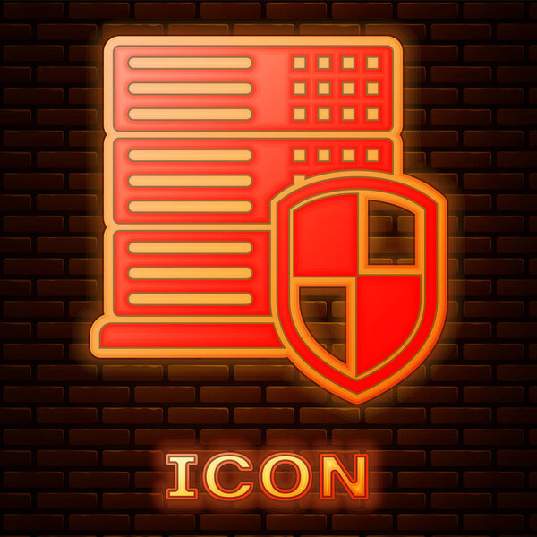 Glowing neon Server with shield icon isolated on brick wall background. Protection against attacks. Network firewall, router, switch or server, data. Vector Illustration