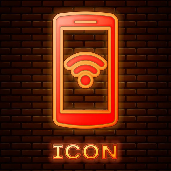 Glowing neon Smartphone with free wi-fi wireless connection icon isolated on brick wall background. Wireless technology, wireless network, hotspot concepts. Vector Illustration — Stock Vector