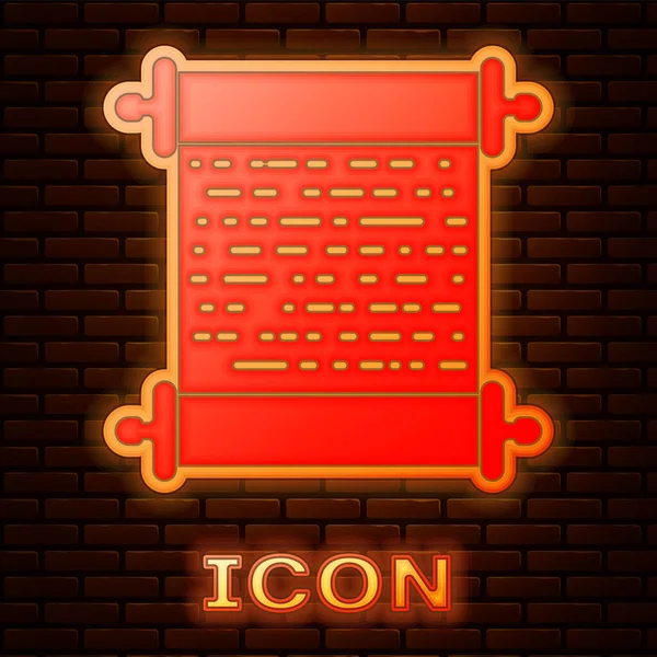 Icono de desplazamiento de papel de neón brillante aislado en el fondo de la pared de ladrillo. Señal de desplazamiento de lona. Ilustración vectorial — Vector de stock