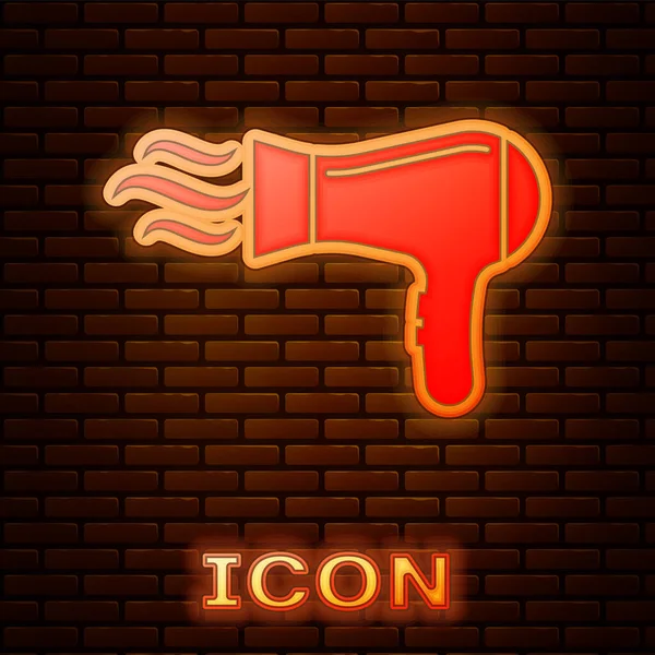 Glowing neon Hair dryer icon isolated on brick wall background. Hairdryer sign. Hair drying symbol. Blowing hot air. Vector Illustration — Stock Vector