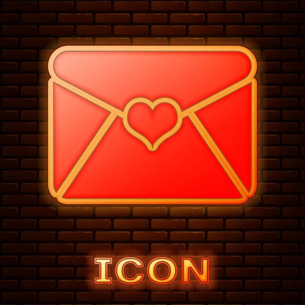 Envelope de néon brilhante com ícone de coração Valentim isolado no fundo da parede de tijolo. Carta de amor e romance. Ilustração vetorial —  Vetores de Stock