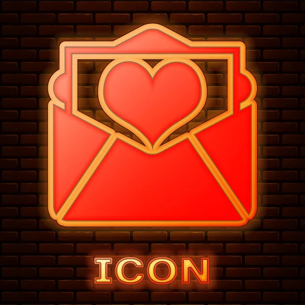 Gloeiende neon envelop met Valentijn hart pictogram geïsoleerd op bakstenen muur achtergrond. Brief liefde en romantiek. Vectorillustratie — Stockvector