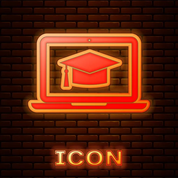 Glowing neon Graduation cap on screen laptop icon isolated on brick wall background. Online learning or e-learning concept. Vector Illustration — Stock Vector