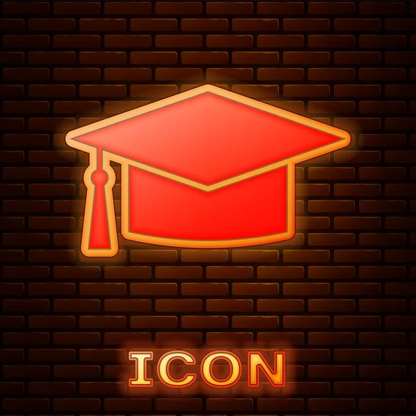Glowing neon Graduation cap icon isolated on brick wall background. Graduation hat with tassel icon. Vector Illustration — Stock Vector