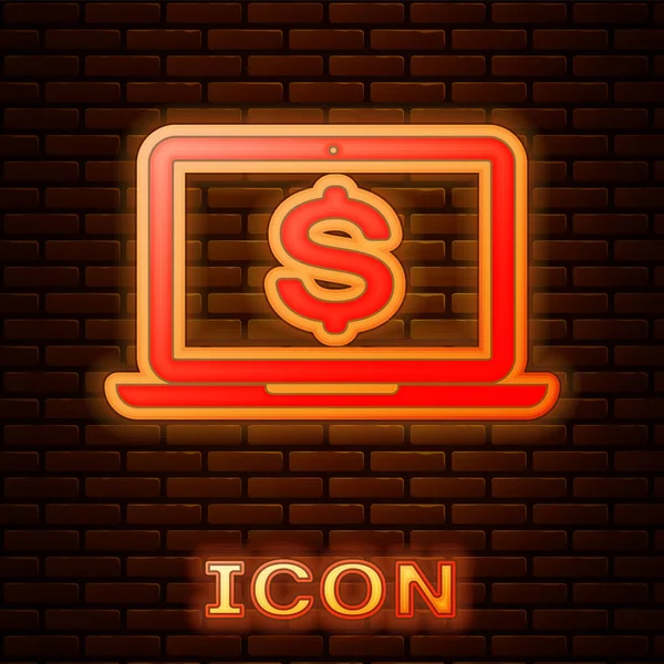 Laptop de néon brilhante com ícone símbolo dólar isolado no fundo da parede de tijolo. Conceito de compras online. Conceito de economia. Ilustração vetorial — Vetor de Stock