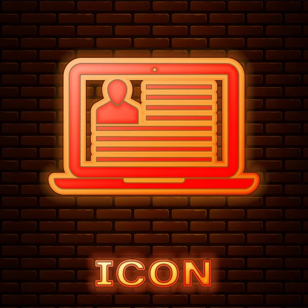 Gloeiende neon Laptop met CV pictogram geïsoleerd op bakstenen muur achtergrond. CV de toepassing. Het zoeken van professionele medewerkers. Analyseren personeel hervatten. Vectorillustratie — Stockvector