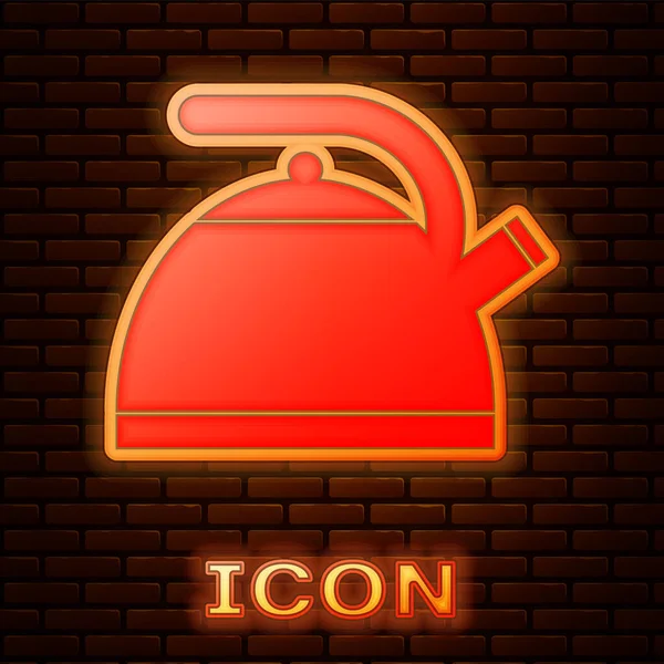 Bouilloire au néon lumineux avec icône de poignée isolée sur fond de mur de briques. Icône théière. Illustration vectorielle — Image vectorielle