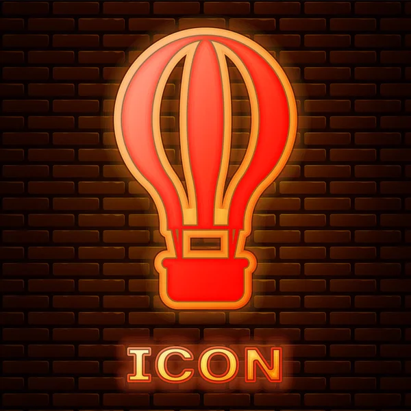 Glowing neon Hot air balloon icon isolated on brick wall background. Air transport for travel. Vector Illustration — Stock Vector