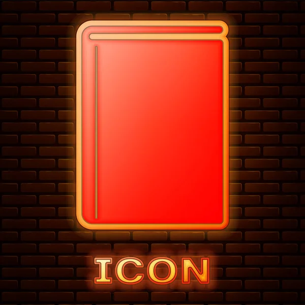 Icono brillante libro de neón aislado en el fondo de la pared de ladrillo. Ilustración vectorial — Vector de stock