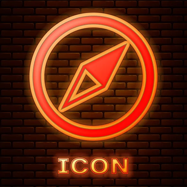 Gloeiende neon Wind roos pictogram geïsoleerd op baksteen muur achtergrond. Kompas icoon voor reizen. Navigatie ontwerp. Vector Illustratie — Stockvector