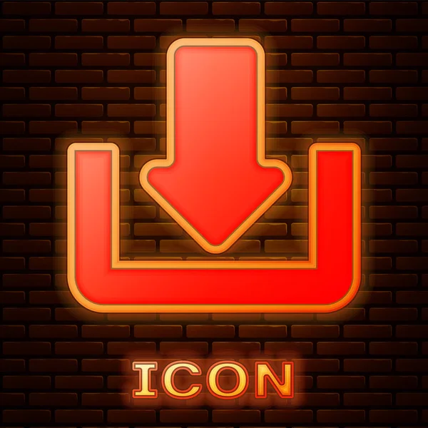 Leuchtende Neon-Download-Symbol isoliert auf Ziegelwand Hintergrund. Upload-Taste. Lastsymbol. Pfeil zeigt nach unten. Vektorillustration — Stockvektor