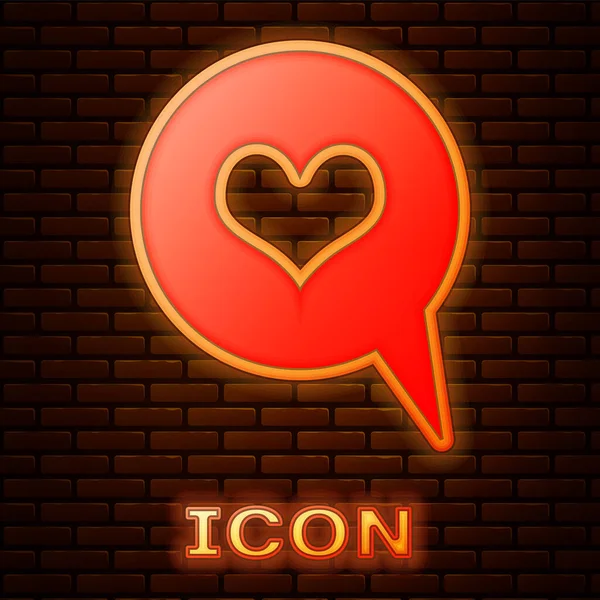 หัวใจนีออนเรืองแสงในไอคอนฟองคําพูดแยกจากพื้นหลังผนังอิฐ รูปร่างหัวใจในฟองข้อความ สัญลักษณ์แห่งความรัก สัญลักษณ์วันวาเลนไทน์ ภาพวาดเวกเตอร์ — ภาพเวกเตอร์สต็อก