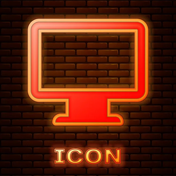 Glödande neon Datorskärm ikon isolerad på tegel vägg bakgrund. Elektronisk anordning. Framifrån. Vektor Illustration — Stock vektor