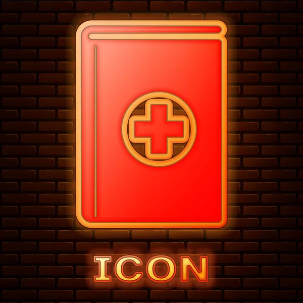 Icona luminosa al neon libro medico isolato su sfondo muro di mattoni. Illustrazione vettoriale — Vettoriale Stock