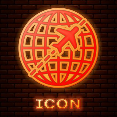 Parlak neon Globe izole tuğla duvar arka plan üzerinde uçan uçak simgesi olan. Seyyare yerküre çevresinde uçak fly. Uçak dünya simgesi. Vektör çizim