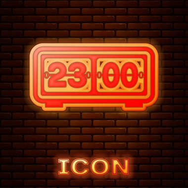 Parlak neon Retro Flip saat simgesi tuğla duvar arka planda izole. Duvar kapak saati, sayı sayacı şablonu, tüm basamaklar çevirir. Vektör Illustration