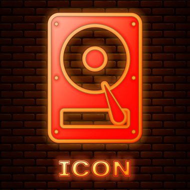 Parlayan Neon sabit disk sürücüsü HDD simgesi tuğla duvar arka planda izole. Vektör Illustration