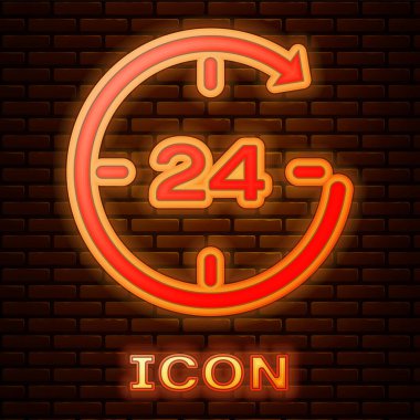 Parlayan neon saat. Duvarın arkasında 24 saat izole edilmiş bir ikon. Tüm gün döngü simgesi. 24 saat hizmet sembolü. Vektör İllüstrasyonu