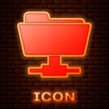 Parlayan neon ftp dizin simgesi tuğla duvar arka planında izole edildi. Yazılım güncellemesi, transfer protokolü, yönlendirici, takım çalışması aracı yönetimi, kopyalama süreci, bilgi. Vektör İllüstrasyonu