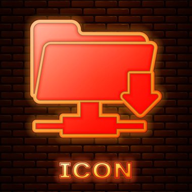 Parlayan neon ftp dizin indirme simgesi tuğla duvar arka planında izole edildi. Yazılım güncellemesi, transfer protokolü, yönlendirici, takım çalışması araç yönetimi, kopyalama işlemi. Vektör İllüstrasyonu