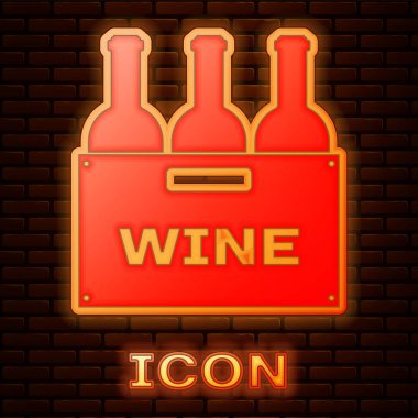 Tuğla duvar arka plan üzerinde izole ahşap kutu simgesinde şarap parlayan Neon şişeler. Ahşap kutu simgesinde şarap şişeleri. Vektör Illustration