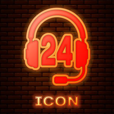 Parlayan neon kulaklık destek veya servis simgesi olarak tuğla duvar arkasında izole edildi. Danışmanlık, yardım hattı, çağrı merkezi, faq, bakım, yardım. Vektör İllüstrasyonu