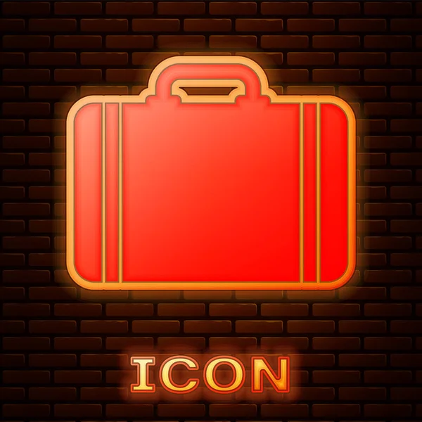 Gloeiende neon koffer voor reizen pictogram geïsoleerd op bakstenen muur achtergrond. Reizen bagage teken. Reizen bagage pictogram. Vectorillustratie — Stockvector