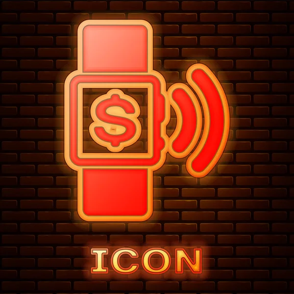 Icono de pago sin contacto de neón brillante aislado en el fondo de la pared de ladrillo. Smartwatch con tecnología nfc que realiza transacciones inalámbricas sin contacto. Ilustración vectorial — Vector de stock