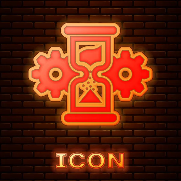 Brillante neón reloj de arena y engranaje icono aislado en el fondo de la pared de ladrillo. Símbolo de gestión del tiempo. Icono del reloj y el engranaje. Concepto de negocio. Ilustración vectorial — Vector de stock