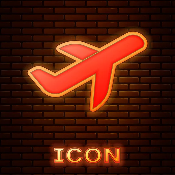 Icono brillante de neón plano aislado en el fondo de la pared de ladrillo. Icono del avión volador. Firma del avión. Ilustración vectorial — Vector de stock