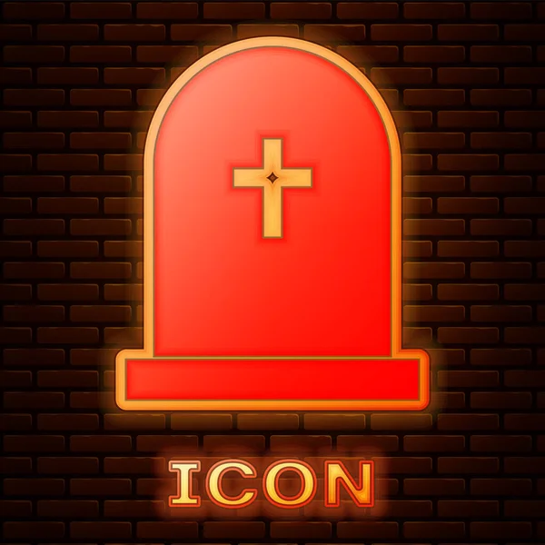 Brillante lápida de neón con icono de la cruz aislado en el fondo de la pared de ladrillo. Icono de tumba. Ilustración vectorial — Archivo Imágenes Vectoriales