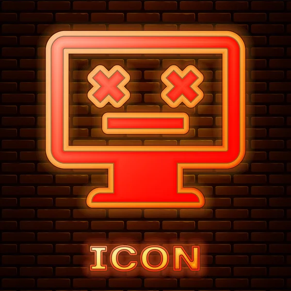 Glödande Neon Dead Monitor ikon isolerad på tegel vägg bakgrund. 404 fel som PC med döda Emoji. Allvarligt fel i PC-systemet. Vektor illustration — Stock vektor