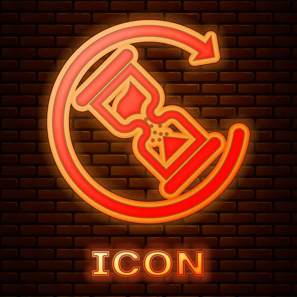 Parlayan Neon bekleyen simge tuğla duvar arka planda izole. Bekleme süresi simgesi. Kum saati. Vektör Illustration