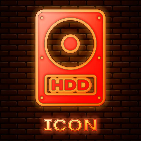 Parlayan Neon sabit disk sürücüsü HDD simgesi tuğla duvar arka planda izole. Vektör Illustration — Stok Vektör