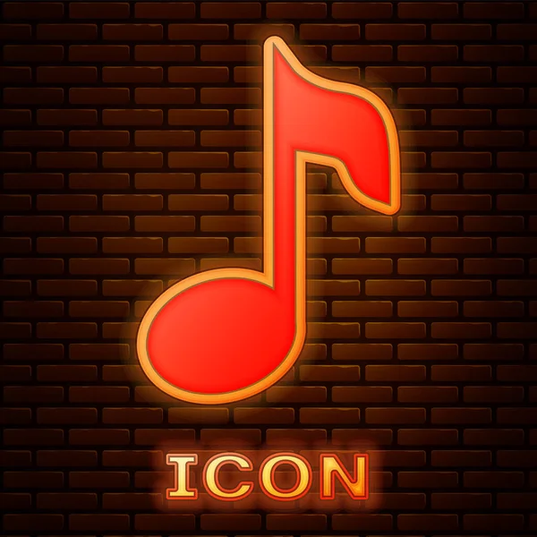 Gloeiende neon Muziek noot, toon pictogram geïsoleerd op baksteen muur achtergrond. Vector Illustratie — Stockvector