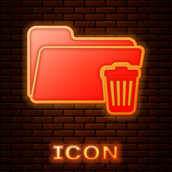 Glowing neon Delete folder icon isolated on brick wall background. Folder with recycle bin. Delete or error folder. Close computer information folder. Vector Illustration — Stock Vector