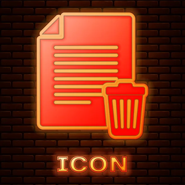 Zářící Neon odstranit ikonu souboru izolovaná na pozadí cihlové zdi. List papíru se znakem odpadkového koše. Ikona odmítnutého dokumentu. Kříž na papíře. Vektorová ilustrace — Stockový vektor