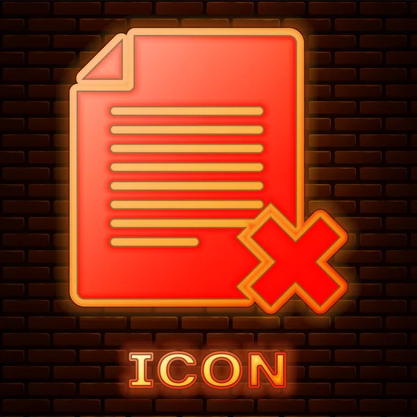 Zářící Neon odstranit ikonu souboru izolovaná na pozadí cihlové zdi. Ikona odmítnutého dokumentu. Kříž na papíře. Vektorová ilustrace — Stockový vektor