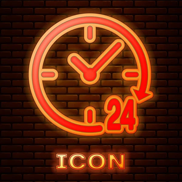Parlayan neon saat. Duvarın arkasında 24 saat izole edilmiş bir ikon. Tüm gün döngü simgesi. 24 saat hizmet sembolü. Vektör İllüstrasyonu