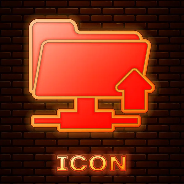 Glowing neon FTP folder upload icon isolated on brick wall background. Software update, transfer protocol, router, teamwork tool management, copy process. Vector Illustration — ストックベクタ