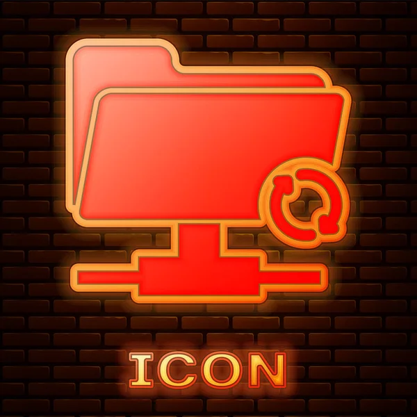 Świecący neon Ftp sync ikona odświeżania odizolowany na tle cegły ściany. Aktualizacja oprogramowania, protokół transferu, router, zarządzanie narzędziami pracy zespołowej, proces kopiowania. Ilustracja wektora — Wektor stockowy