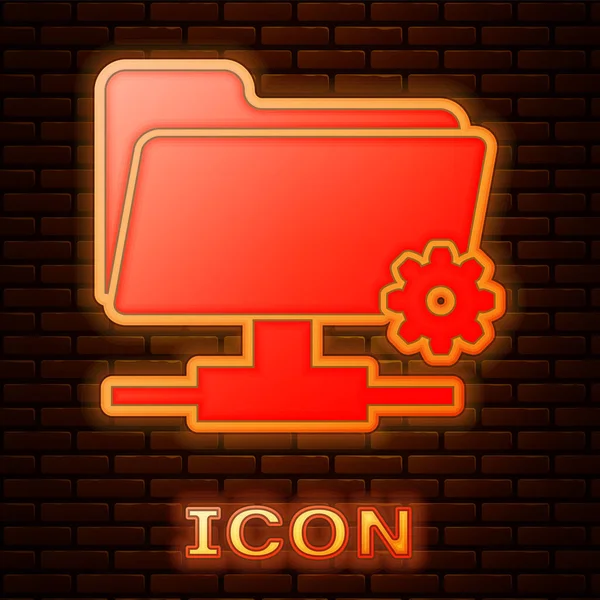 Zářící neon Ftp nastavení složky ikona izolované na pozadí cihlové zdi. Aktualizace softwaru, přenosový protokol, směrovač, správa týmové práce, kopírování. Vektorová ilustrace — Stockový vektor