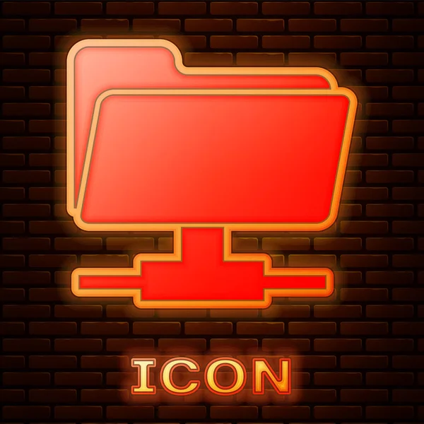 Glowing neon FTP folder icon isolated on brick wall background. Software update, transfer protocol, router, teamwork tool management, copy process, info. Vector Illustration — ストックベクタ
