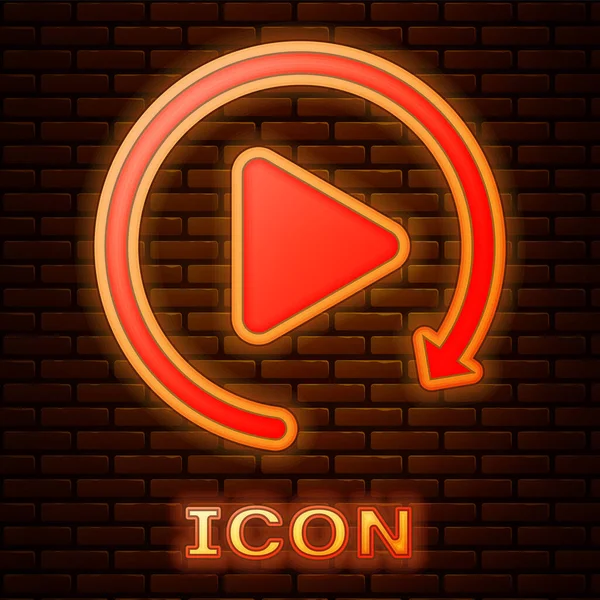 Gloeiende neon video Play-knop, zoals eenvoudige Replay icoon geïsoleerd op bakstenen muur achtergrond. Vector illustratie — Stockvector