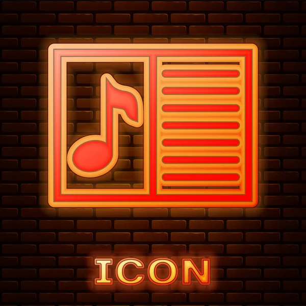 Gloeiende neon muziekboek met notitie icoon geïsoleerd op bakstenen muur achtergrond. Muziekblad met notenbalk. Notebook voor muziek noten. Vector illustratie — Stockvector