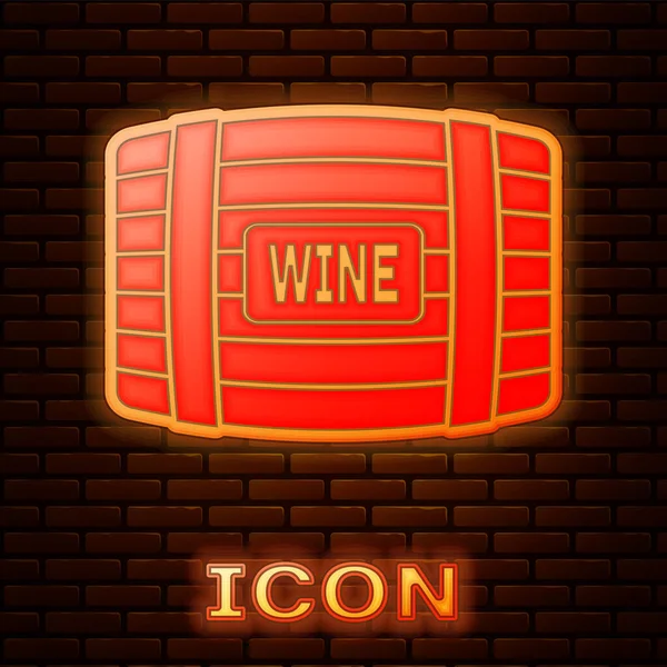 Lumineux néon Baril en bois pour icône du vin isolé sur fond de mur de briques. Illustration vectorielle — Image vectorielle