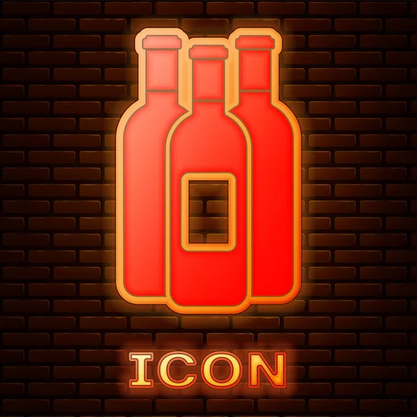Bottiglie luminose al neon di icona del vino isolato su sfondo muro di mattoni. Illustrazione vettoriale — Vettoriale Stock