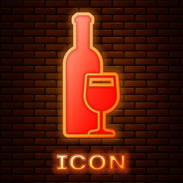 Fluo lumineux Bouteille de vin avec icône en verre de vin isolé sur fond de mur de briques. Illustration vectorielle — Image vectorielle