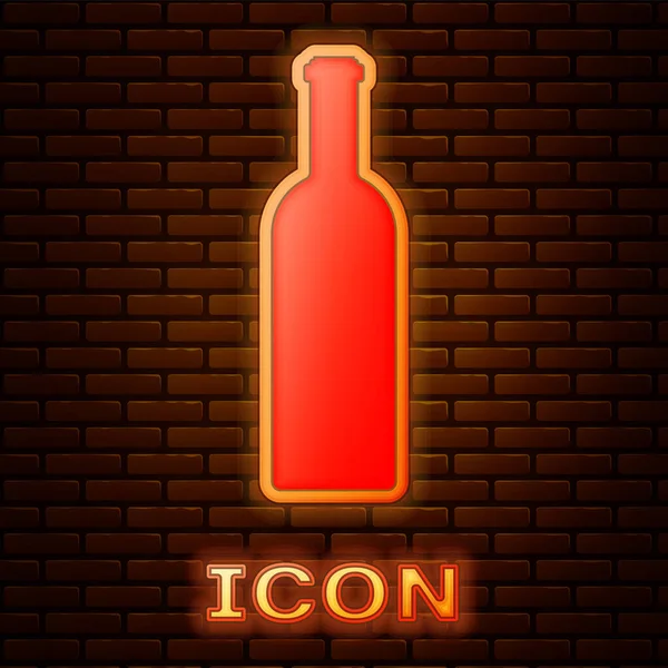 Lumineux néon Bouteille d'icône du vin isolée sur fond de mur de briques. Illustration vectorielle — Image vectorielle